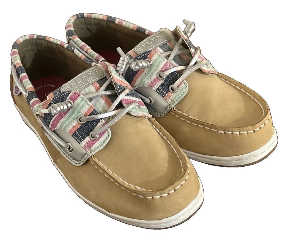 Sperry Songfish Sparkle Stripe Tan Multi Boat Shoes Womens Size 5 EUC PreOwned!